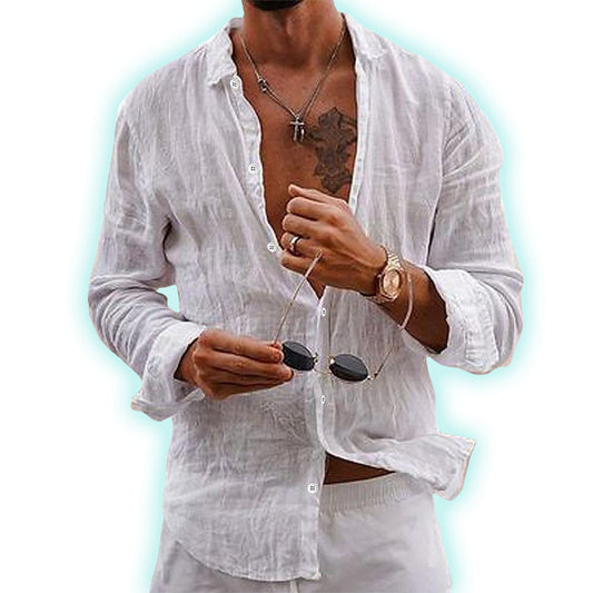 Men’s Linen Cotton Blend Casual Button Down Shirt – Lightweight Summer Beachwear, Long Sleeve, Relaxed Fit – Sizes S–3XL