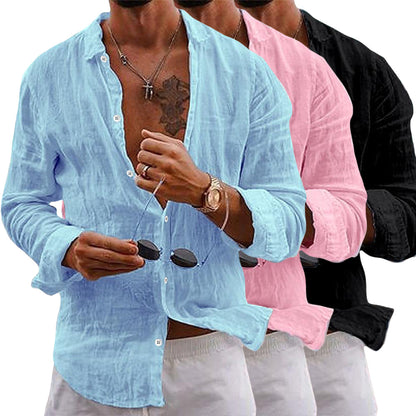 Men’s Linen Cotton Blend Casual Button Down Shirt – Lightweight Summer Beachwear, Long Sleeve, Relaxed Fit – Sizes S–3XL