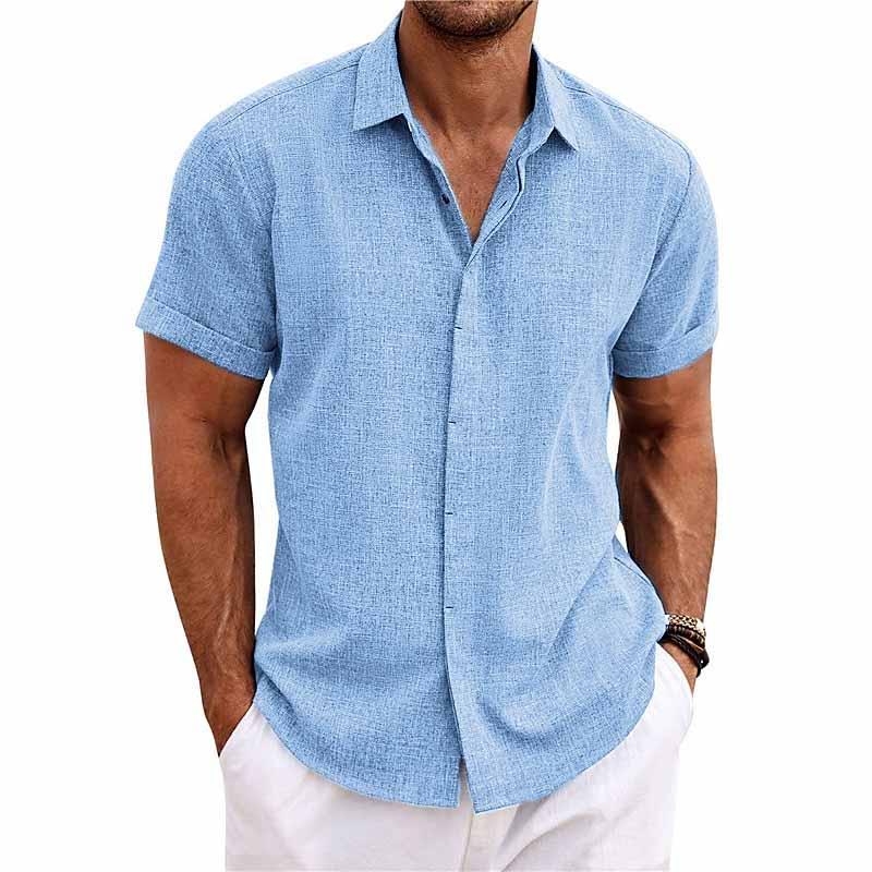 Men’s Linen Cotton Short Sleeve Button Down Shirt – Casual Summer Breathable Beachwear Top