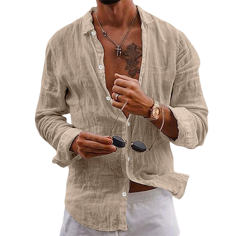 Men’s Linen Cotton Blend Casual Button Down Shirt – Lightweight Summer Beachwear, Long Sleeve, Relaxed Fit – Sizes S–3XL